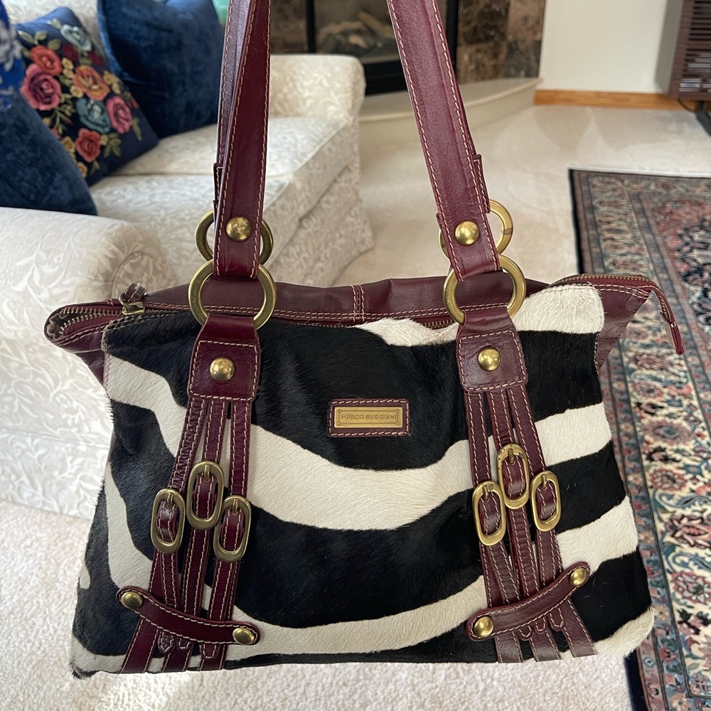 Zebra-Print Shoulder Bag with Burgundy Trim